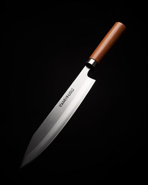 木製の鞘に収められた、鏡面仕上げの柳刃包丁